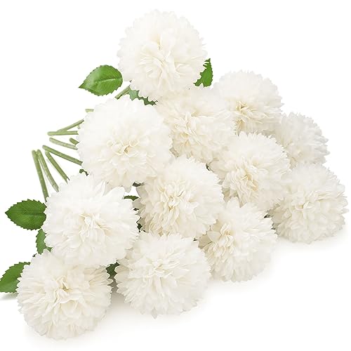 Floweroyal 12pcs Artificial Chrysanthemum Ball Flowers Silk Hydrangea Bridal Wedding Bouquet for Home Garden Party Office Coffee House Decoration Cream White