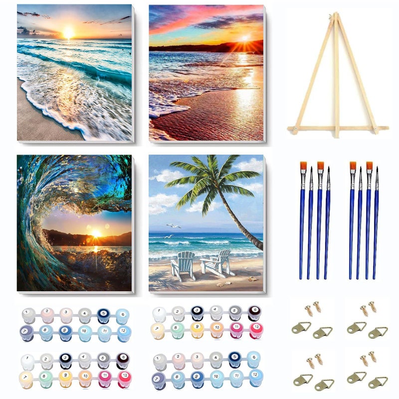 VIGEGU 4 Pack Paint by Numbers Kit for Adults Framed Canvas - with Wooden Easel,Adults' Paint-by-Number Kits Beach Sunset Leisure Chair DIY Acrylic Landscape Oil Painting Kits Arts Crafts 7.8x11.8inch - Image 1