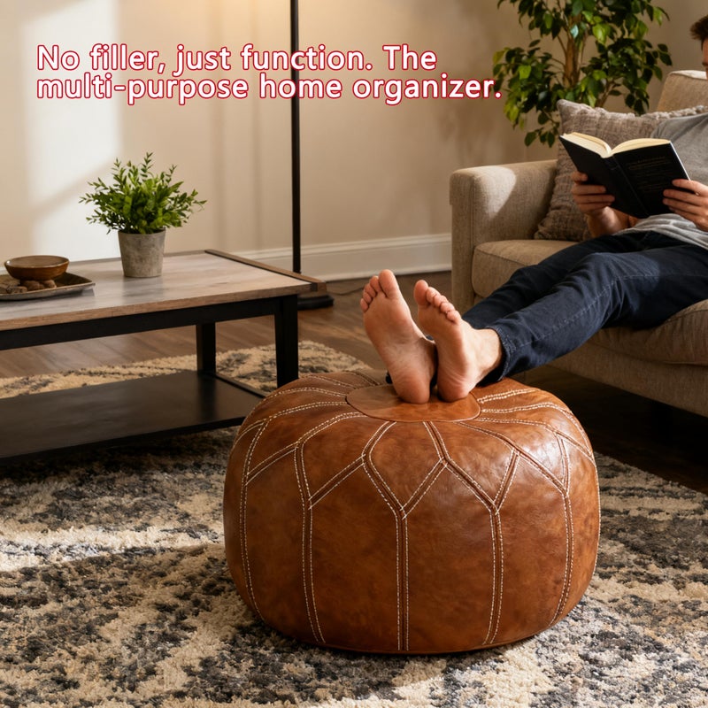 Thgonwid Unstuffed Moroccan Faux Leather Pouf Ottoman with Storage - Handmade Boho Chic Multi-Use Footrest for Living Room, Bedroom, Patio - Round Ethnic Floor Cushion & Decorative Accent, Brown - Image 5