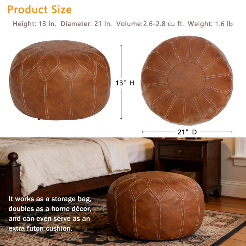 Thgonwid Unstuffed Moroccan Faux Leather Pouf Ottoman with Storage - Handmade Boho Chic Multi-Use Footrest for Living Room, Bedroom, Patio - Round Ethnic Floor Cushion & Decorative Accent, Brown - Image 2
