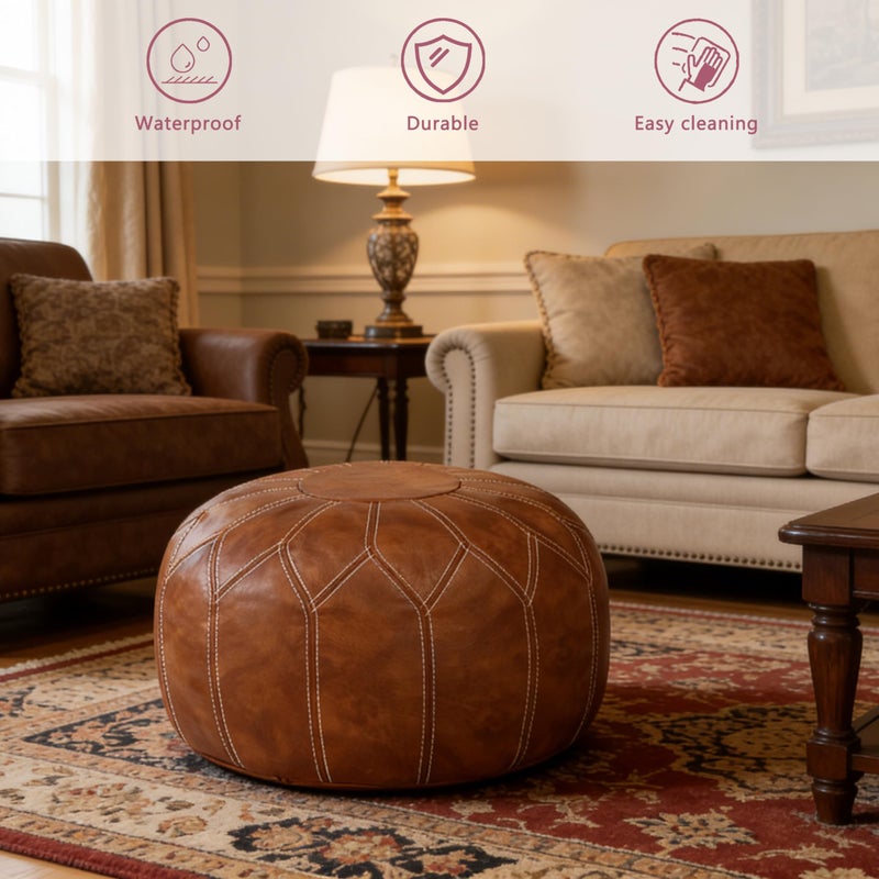 Thgonwid Unstuffed Moroccan Faux Leather Pouf Ottoman with Storage - Handmade Boho Chic Multi-Use Footrest for Living Room, Bedroom, Patio - Round Ethnic Floor Cushion & Decorative Accent, Brown - Image 3