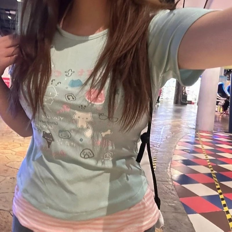 MANGMAO Kawaii Cutecore Harajuku Vintage Y2k 2000s Tops Summer Alt Goth Emo Short Sleeve Graphic Tees (Blue,Medium) - Image 3