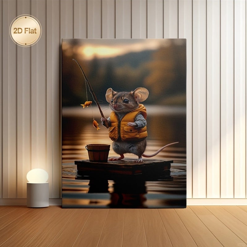 2D Framed Canvas Painting - Cute Mouse Fishing with Goldfish at Sunset - Modern Wooden Frame, Indoor Decor - Image 1