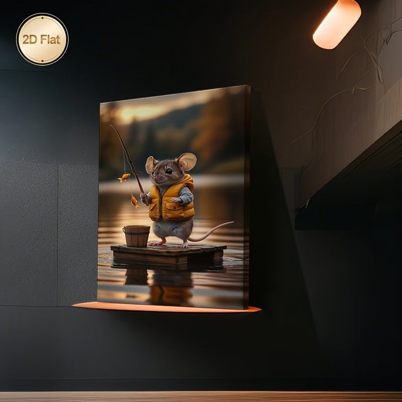 2D Framed Canvas Painting - Cute Mouse Fishing with Goldfish at Sunset - Modern Wooden Frame, Indoor Decor - Image 5