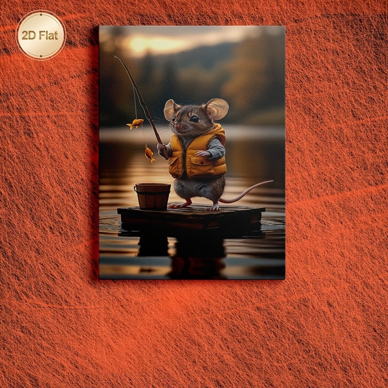 2D Framed Canvas Painting - Cute Mouse Fishing with Goldfish at Sunset - Modern Wooden Frame, Indoor Decor - Image 2