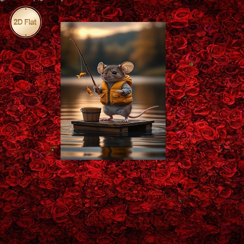 2D Framed Canvas Painting - Cute Mouse Fishing with Goldfish at Sunset - Modern Wooden Frame, Indoor Decor - Image 4