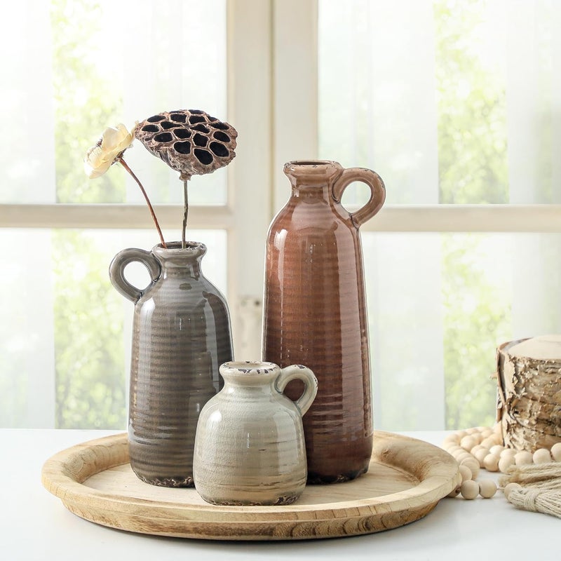 ooit Ceramic Vases Set of 3, Neutral Rustic Farmhouse Vase with Handle, Decorative Flower Vases Home Decor Modern Boho Pampass Vase for Table Mantel Entryway Shelf Living Room Kitchen Bathroom - Brown - Image 5