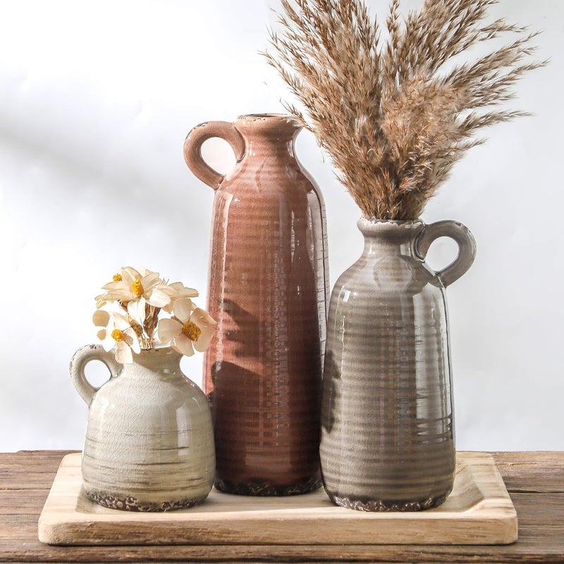 ooit Ceramic Vases Set of 3, Neutral Rustic Farmhouse Vase with Handle, Decorative Flower Vases Home Decor Modern Boho Pampass Vase for Table Mantel Entryway Shelf Living Room Kitchen Bathroom - Brown - Image 1