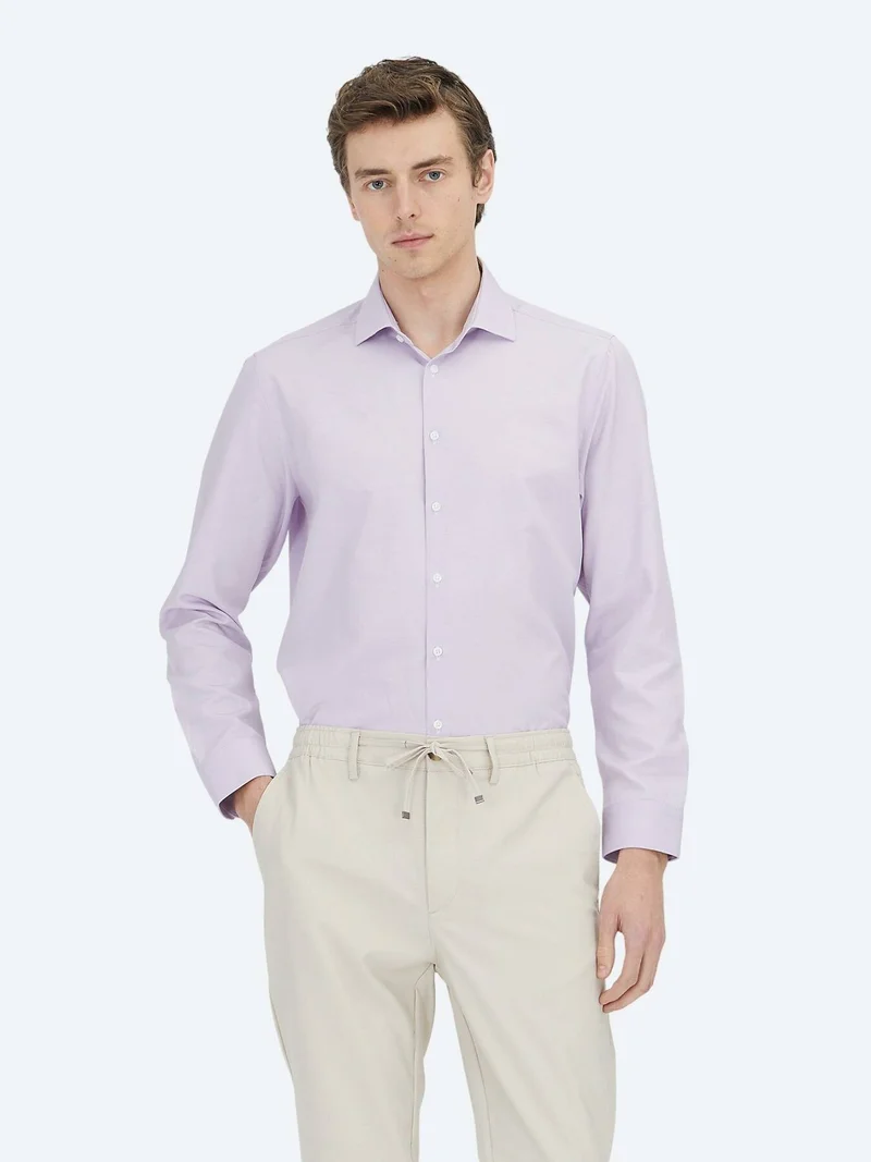 Kip Purple Plain Regular Fit Long Weaving Classical Cotton Blended Shirt