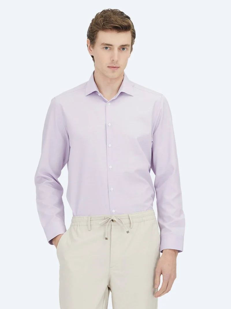 Kip Purple Plain Regular Fit Long Weaving Classical Cotton Blended Shirt
