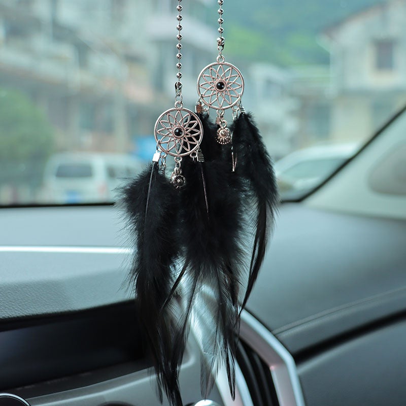 Feather Dreamcatcher Car Rearview Mirror Hanging Decor Black Feather Dream Catcher 