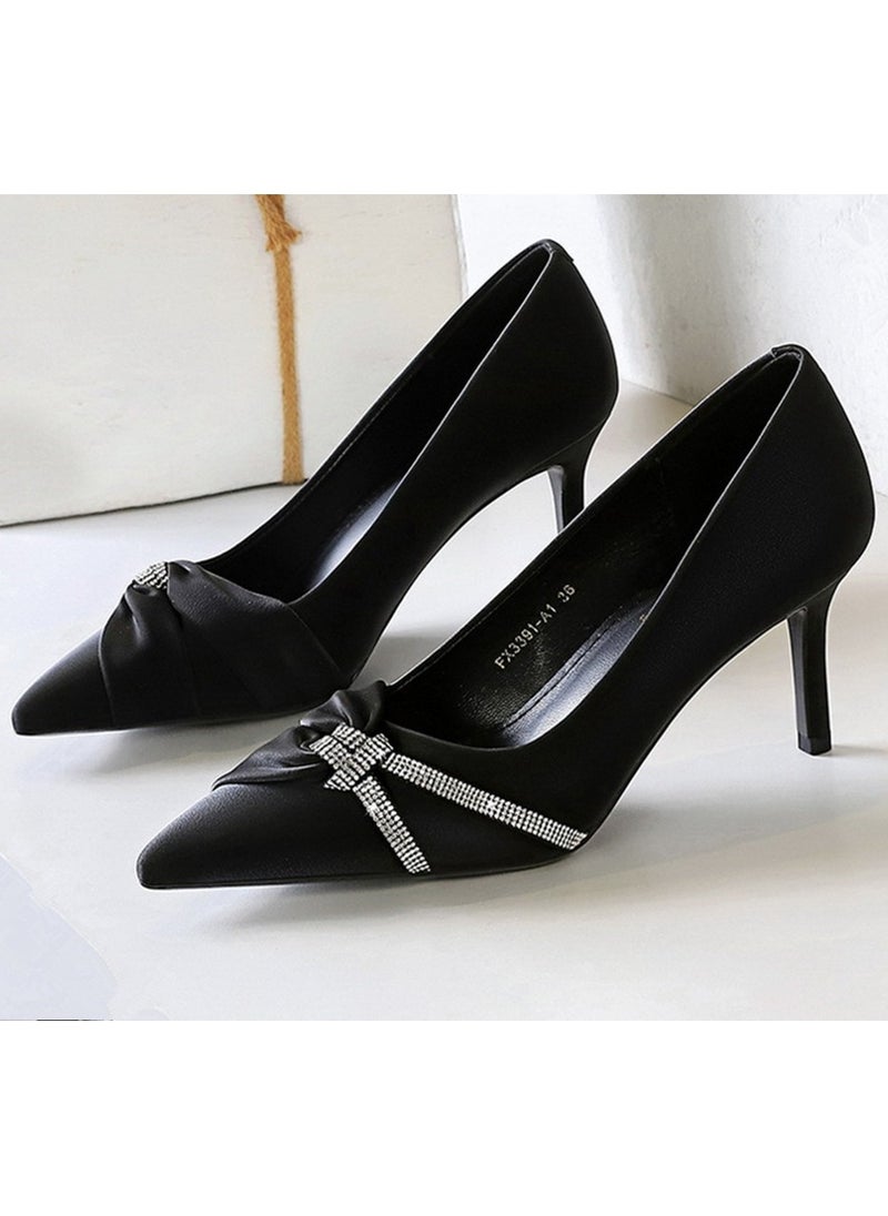 BIGTREE Women's Closed Pointed Toe Stiletto Pump Rhinestone Bowknot Decoration High Heels Black 7 CM 