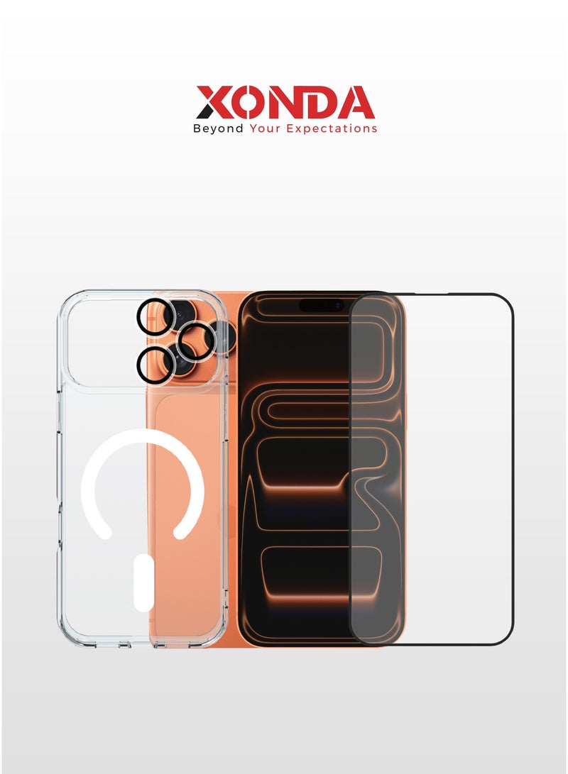 زوندا بكج حماية النخبة 3 في 1 لايفون 17 برو – كفر شفاف ماج سيف مقاوم للإصفرار، حماية شاشة مقاومة للكسر، غطاء كاميرا عالي الوضوح. - Image 1