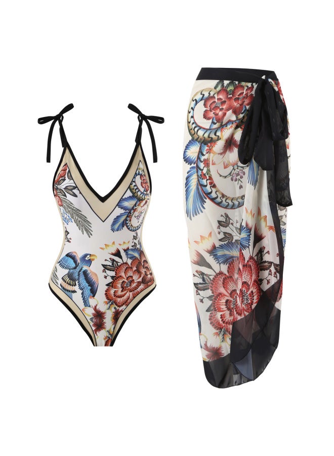 Loquat 2024 European And American One-piece Conservative Slimming Swimsuit Women's Multi-color Printed Chiffon Dress Wholesale-Color:Black One-piece- - Image 5