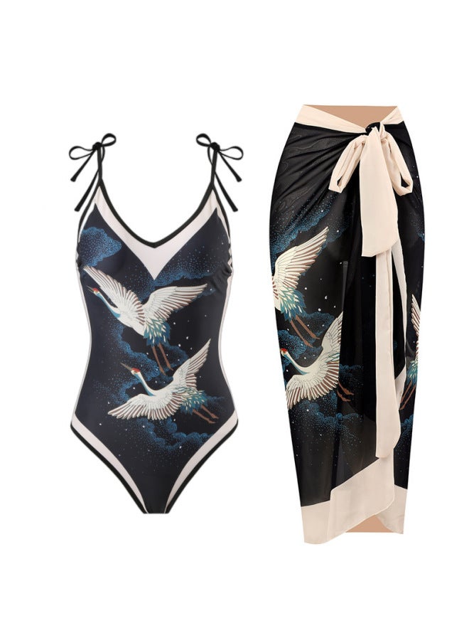 Loquat 2024 European And American One-piece Conservative Slimming Swimsuit Women's Multi-color Printed Chiffon Dress Wholesale-Color:Black One-piece- - Image 3