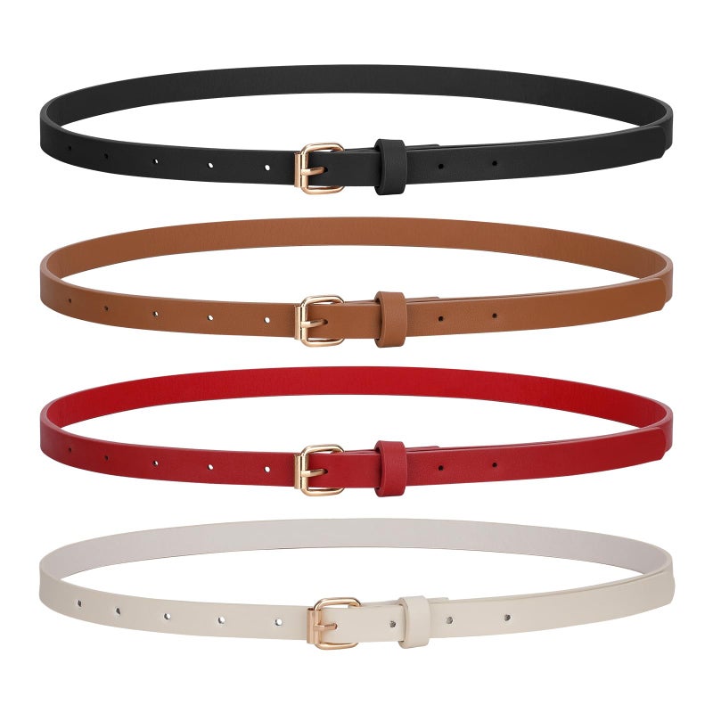 JASGOOD 4 Pack Skinny Women Leather Belt for Dresses Thin Waist Belt for Jeans Pants with Gold Buckle - Image 1