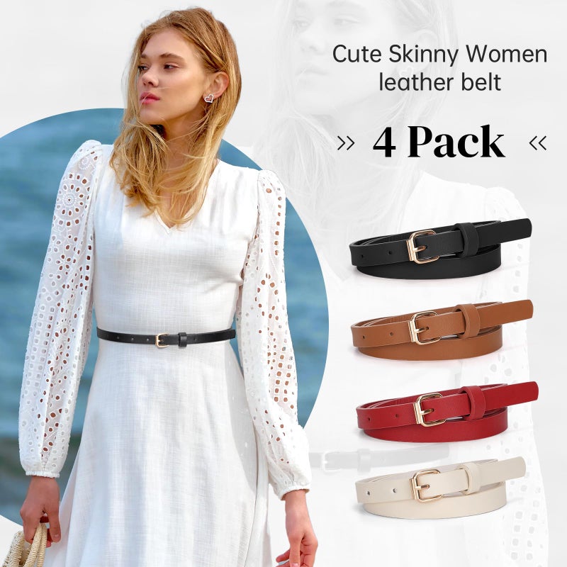 JASGOOD 4 Pack Skinny Women Leather Belt for Dresses Thin Waist Belt for Jeans Pants with Gold Buckle - Image 2
