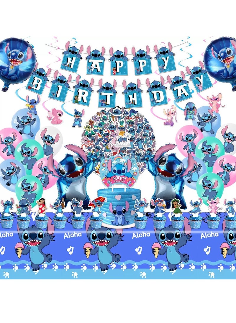103 Pcs Stitch Party Supplies, Birthday Decorations Set Include Banner, Balloons, Stickers, Hanging Swirls, Cake Cupcake Toppers, Tablecloth for Boys Girls Stitch Theme Party  - Image 1