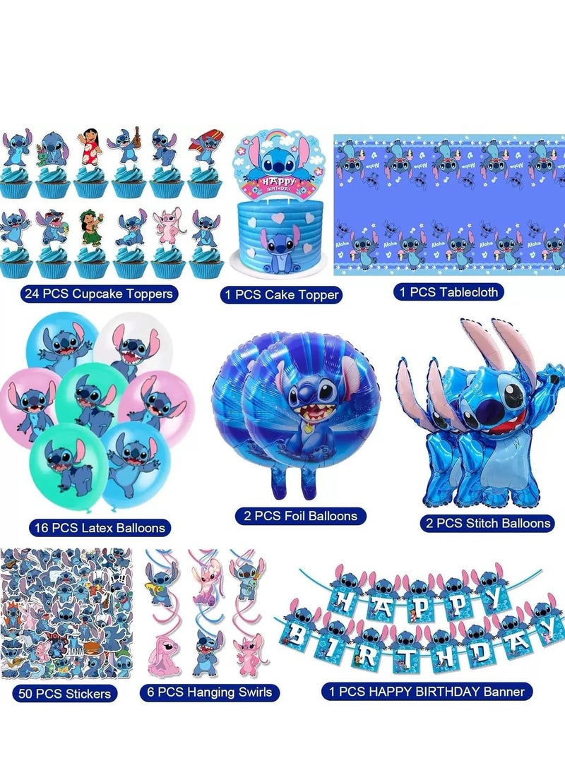 103 Pcs Stitch Party Supplies, Birthday Decorations Set Include Banner, Balloons, Stickers, Hanging Swirls, Cake Cupcake Toppers, Tablecloth for Boys Girls Stitch Theme Party  - Image 2