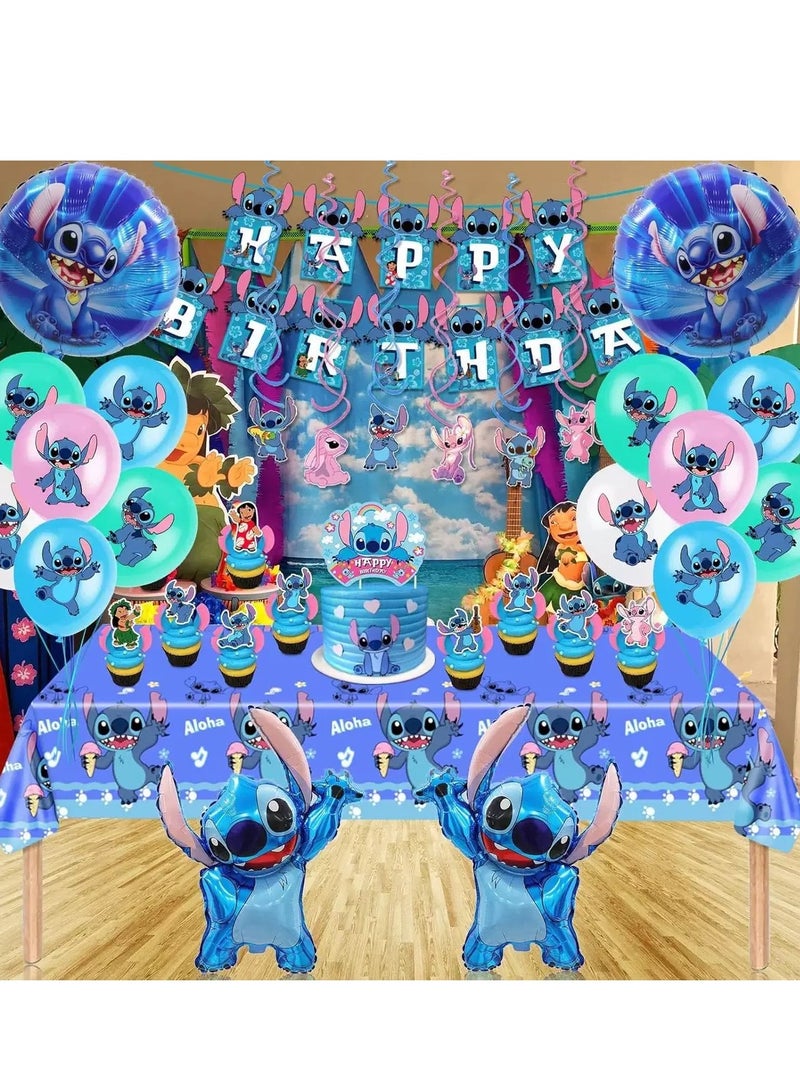 103 Pcs Stitch Party Supplies, Birthday Decorations Set Include Banner, Balloons, Stickers, Hanging Swirls, Cake Cupcake Toppers, Tablecloth for Boys Girls Stitch Theme Party  - Image 3