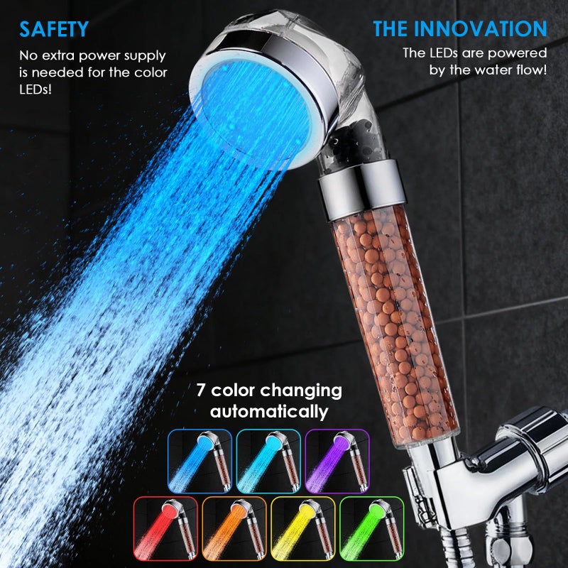 Vacto LED Handheld Shower Head Set with Filtration, Automatic 7-color Changing Shower Head Kit, High Pressure Handheld Shower Head with Hose and Bracket, Water Saving Showerheads with Filtration Beads - Image 3