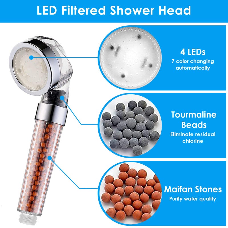 Vacto LED Handheld Shower Head Set with Filtration, Automatic 7-color Changing Shower Head Kit, High Pressure Handheld Shower Head with Hose and Bracket, Water Saving Showerheads with Filtration Beads - Image 5