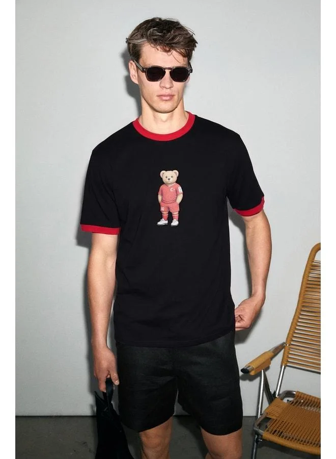 GRIMELANGE PAMIR Men's 100% Organic Fabric Contrast Collar World Cup Special Print Detailed Black T-Shirt.
