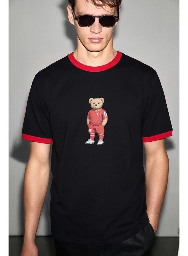 GRIMELANGE PAMIR Men's 100% Organic Fabric Contrast Collar World Cup Special Print Detailed Black T-Shirt.