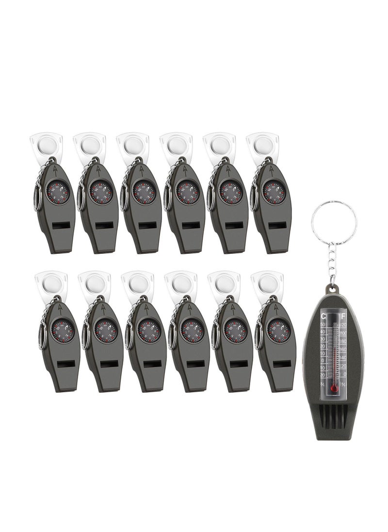 Generic 12 Pcs 4 in 1 Whistle Compass Magnifier Thermometer Keychain Multifunctional Emergency Survival Whistle for Hiking Backpacking Travel Outdoor Survival - Image 1