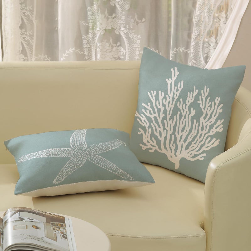 GOLIANDA Coastal Pillow Covers 18x18 Inch Set of 2 Blue Coral Starfish Throw Pillows Nautical Ocean Decorations Summer Linen Beach Pillowcase Outdoor Decor Farmhouse Cushion Case for Home Living Room - Image 4