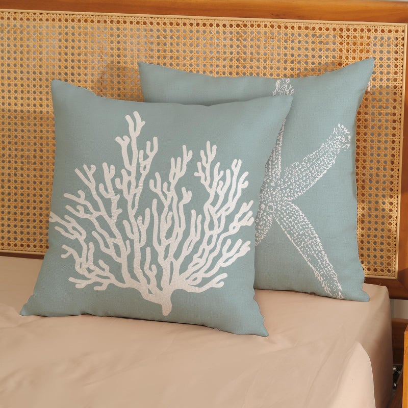GOLIANDA Coastal Pillow Covers 18x18 Inch Set of 2 Blue Coral Starfish Throw Pillows Nautical Ocean Decorations Summer Linen Beach Pillowcase Outdoor Decor Farmhouse Cushion Case for Home Living Room - Image 2