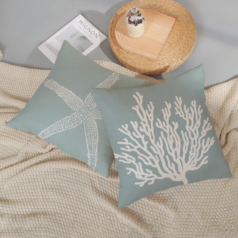GOLIANDA Coastal Pillow Covers 18x18 Inch Set of 2 Blue Coral Starfish Throw Pillows Nautical Ocean Decorations Summer Linen Beach Pillowcase Outdoor Decor Farmhouse Cushion Case for Home Living Room - Image 5