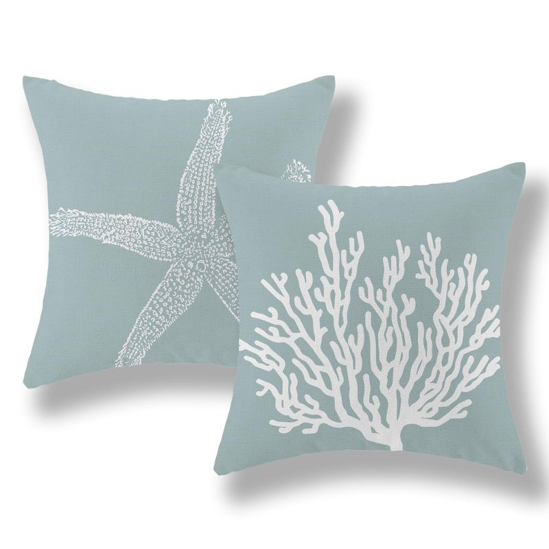 GOLIANDA Coastal Pillow Covers 18x18 Inch Set of 2 Blue Coral Starfish Throw Pillows Nautical Ocean Decorations Summer Linen Beach Pillowcase Outdoor Decor Farmhouse Cushion Case for Home Living Room - Image 1