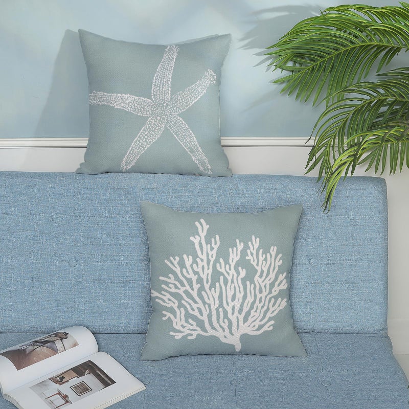 GOLIANDA Coastal Pillow Covers 18x18 Inch Set of 2 Blue Coral Starfish Throw Pillows Nautical Ocean Decorations Summer Linen Beach Pillowcase Outdoor Decor Farmhouse Cushion Case for Home Living Room - Image 3