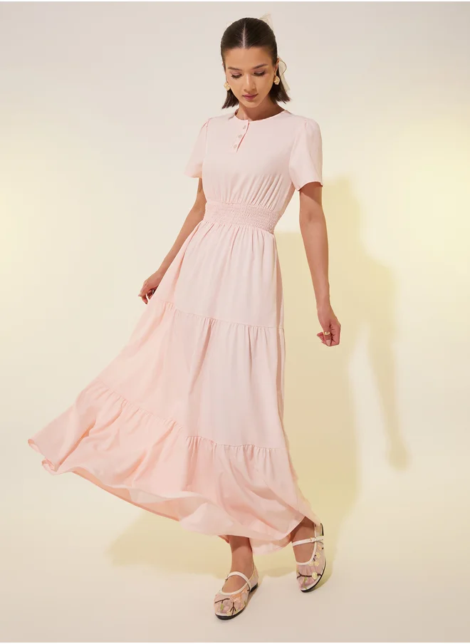 Take Two Take Two Solid Smocked Waist Puff Sleeves Tiered Maxi Dress