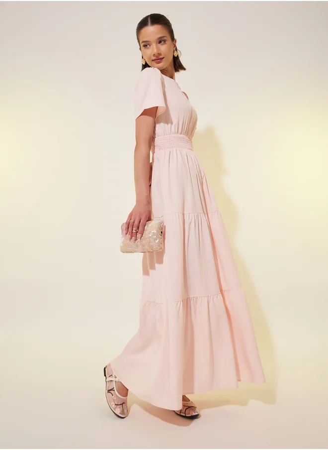 Take Two Take Two Solid Smocked Waist Puff Sleeves Tiered Maxi Dress