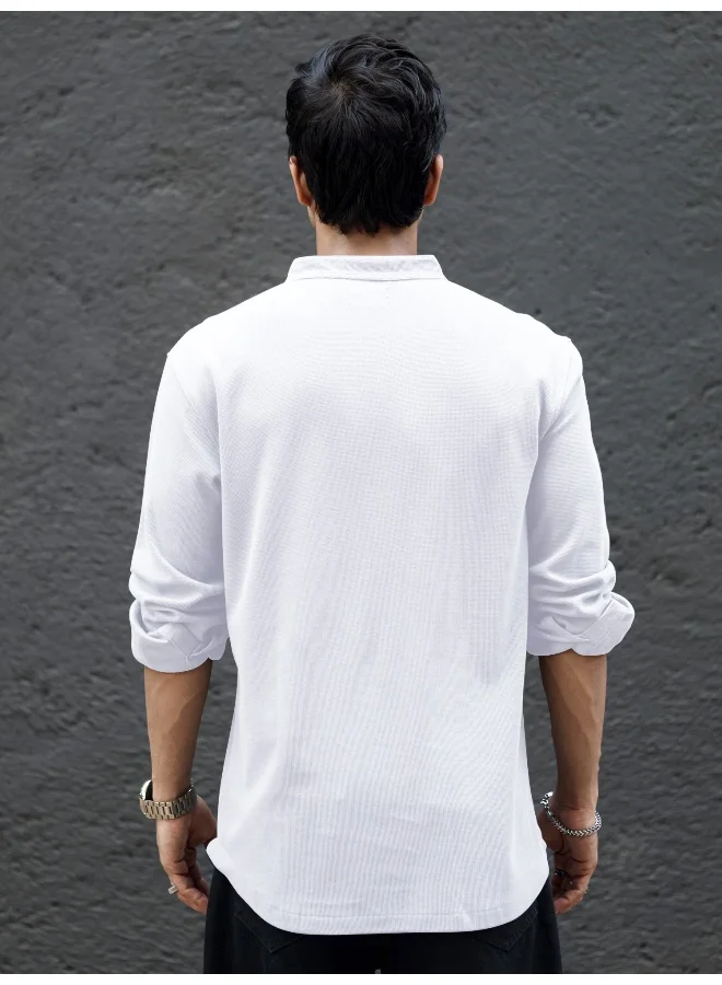 Maniac Maniac Men High Neck Solid Full Sleeve White Cotton Slim Fit T-Shirt