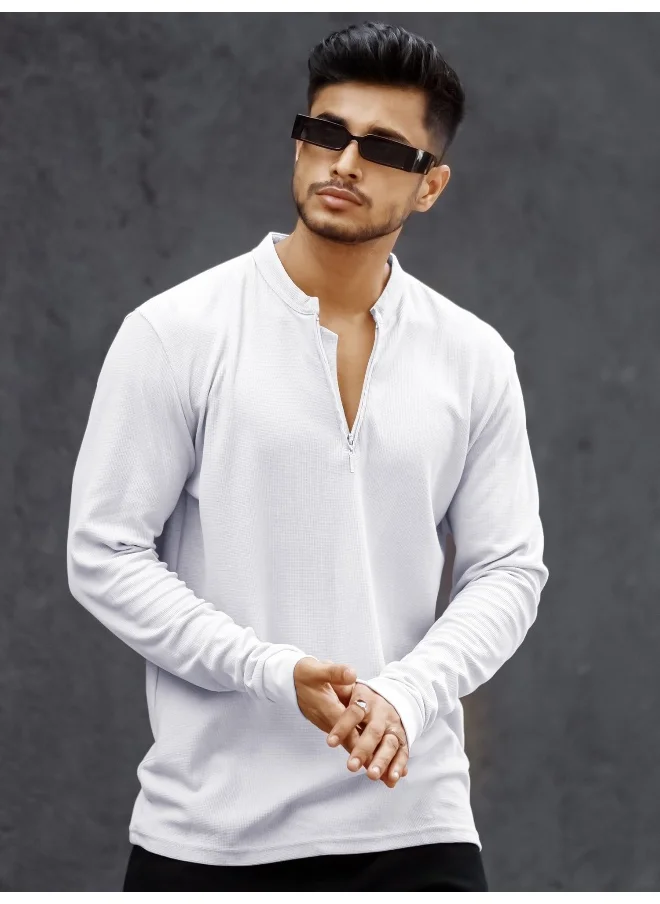 Maniac Maniac Men High Neck Solid Full Sleeve White Cotton Slim Fit T-Shirt