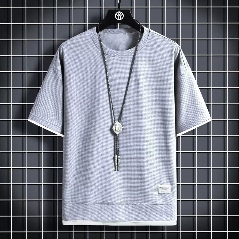 Summer waffle T-shirt mens fake two-piece loose half-sleeve T-shirt ice silk thin round neck short-sleeve T-shirt jacket thin H2103 Light gray 