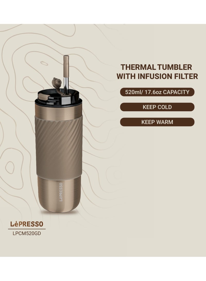 LePRESSO Thermal Tumbler Travel Mug with Infusion Filter 520ml / Keeps Warm and Cold /Tea Filter Components / Reusable Straw / Durable / Car Holder Compatible - Bronze  - Image 2