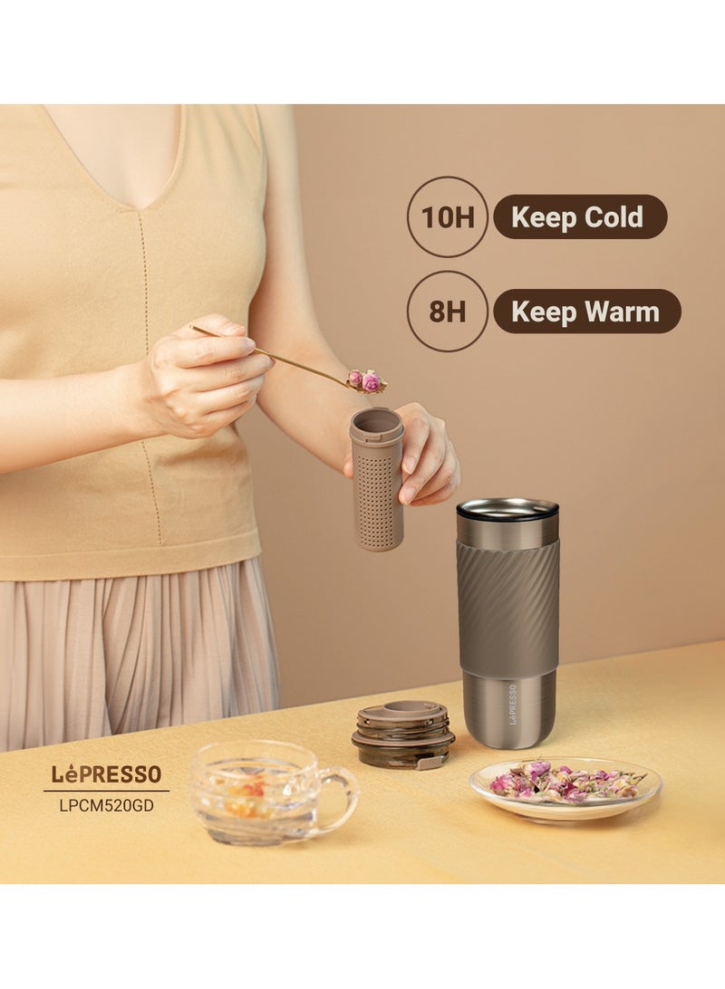 LePRESSO Thermal Tumbler Travel Mug with Infusion Filter 520ml / Keeps Warm and Cold /Tea Filter Components / Reusable Straw / Durable / Car Holder Compatible - Bronze  - Image 4