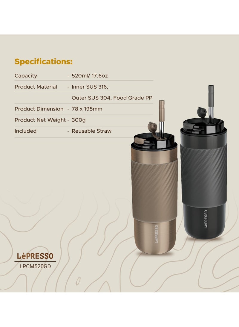 LePRESSO Thermal Tumbler Travel Mug with Infusion Filter 520ml / Keeps Warm and Cold /Tea Filter Components / Reusable Straw / Durable / Car Holder Compatible - Bronze  - Image 5