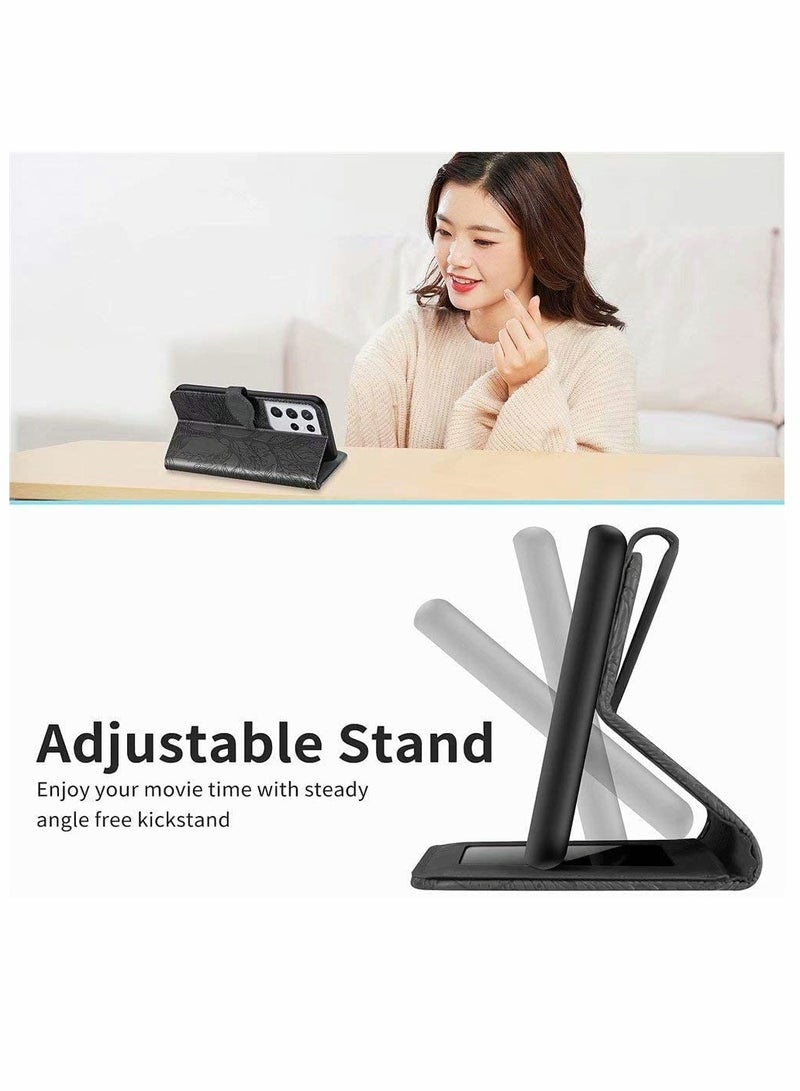 KASTWAVE Wallet Case for Samsung Galaxy S21 Ultra Embossed Tree Premium PU Leather [Folio Flip][Kickstand][Card Slots][Wrist Strap][6.8 inches] Cover for Samsung S21 Ultra Shockproof PC & TPU Bumper (Black) - Image 4