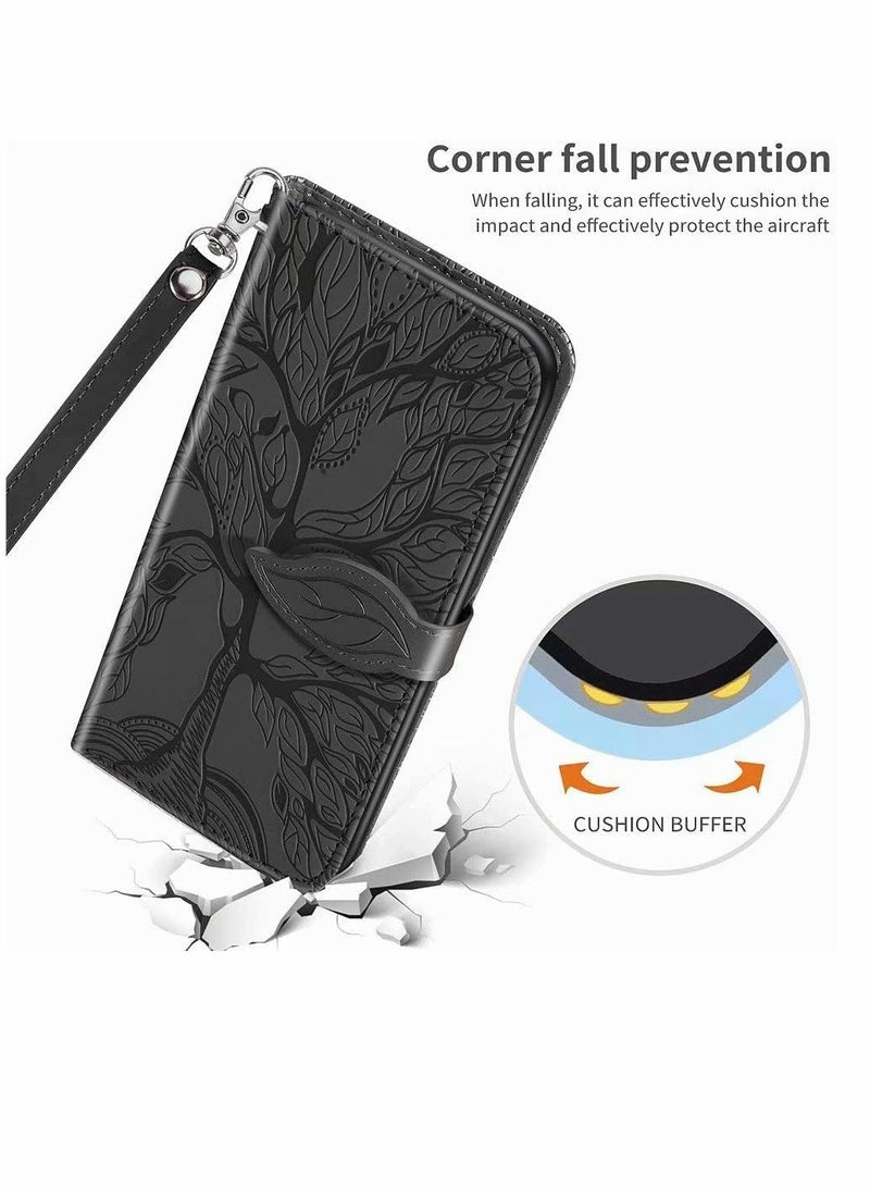 KASTWAVE Wallet Case for Samsung Galaxy S21 Ultra Embossed Tree Premium PU Leather [Folio Flip][Kickstand][Card Slots][Wrist Strap][6.8 inches] Cover for Samsung S21 Ultra Shockproof PC & TPU Bumper (Black) - Image 2