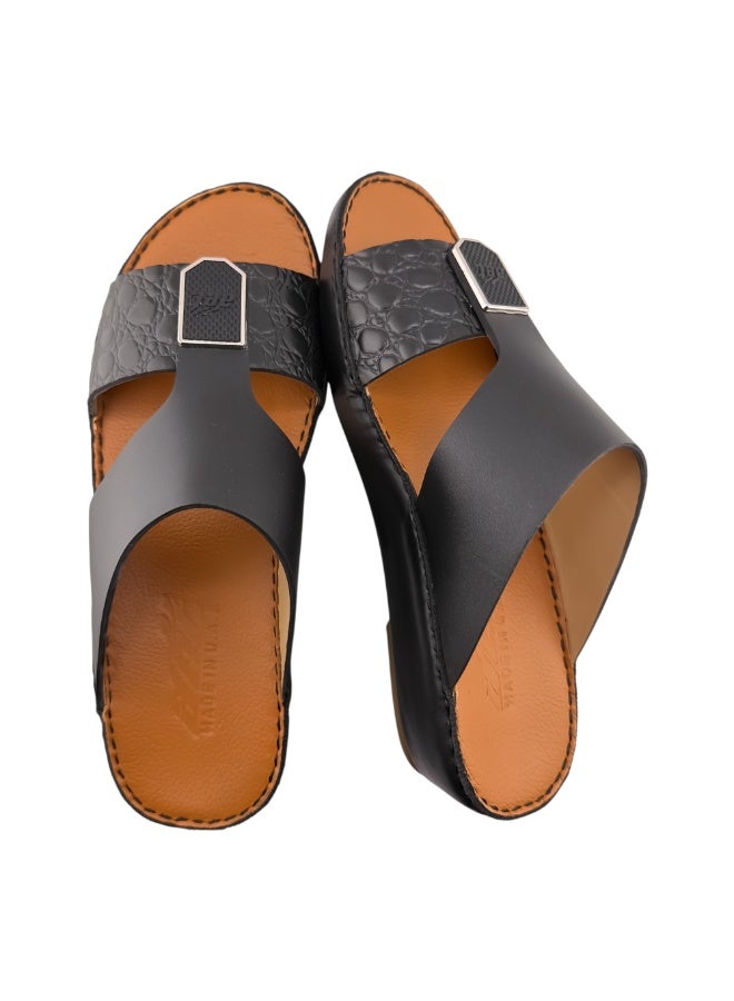 AET Handmade Slippers For Men | Outdoor Mens Arabic Sandals | Everyday Flip Flops Open Toe | Full Genuine Leather with Buckle | Embossed Design | Tan Footbed | Comfortable & LightWeight - Image 2