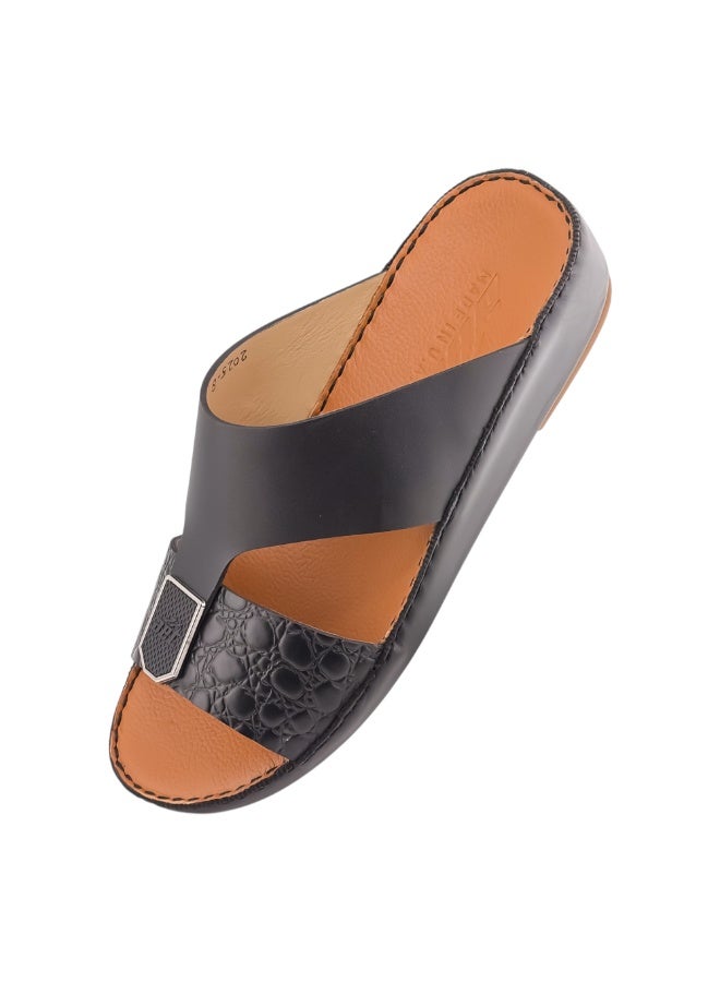 AET Handmade Slippers For Men | Outdoor Mens Arabic Sandals | Everyday Flip Flops Open Toe | Full Genuine Leather with Buckle | Embossed Design | Tan Footbed | Comfortable & LightWeight - Image 3