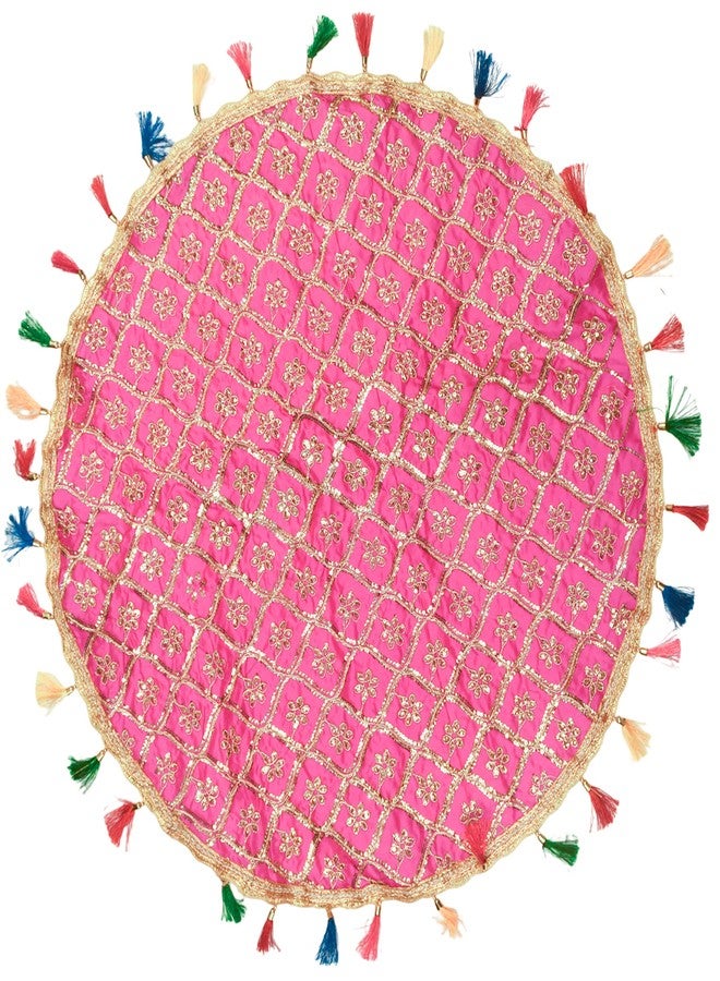 Dulhan DLC Floral Silk Plate Cover, Big Thali Cover with Golden Hook Tassel, 24 inch Round Cloth for Decoration, Pink Altar Cloth for puja - Image 2