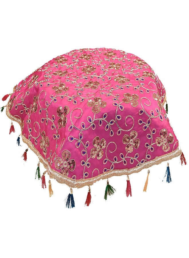Dulhan DLC Floral Silk Plate Cover, Big Thali Cover with Golden Hook Tassel, 24 inch Round Cloth for Decoration, Pink Altar Cloth for puja - Image 1