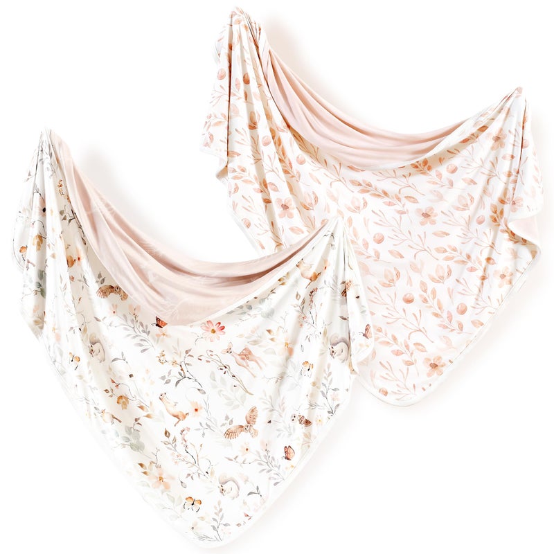 GRSSDER Baby Swaddle Blankets 2 Pack, Super Soft Jersey Knit Baby Quilt Blankets for Baby Girls, Double Layer Receiving Blankets 34 x 44 Inches Extra Large for Swaddling, Pink Flowers Season - Image 1