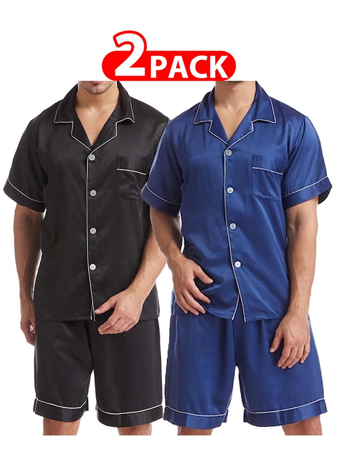 MARGOUN 2 Pack Small Size Mens 2pcs Summer Soft Pyjamas Set Short Sleeve Button Down Shirt With Boxer Shorts /(Shirt Length 28''/Shirt Chest 21''/Pajama Length 18''/Pajama Waist 27'') - Image 1